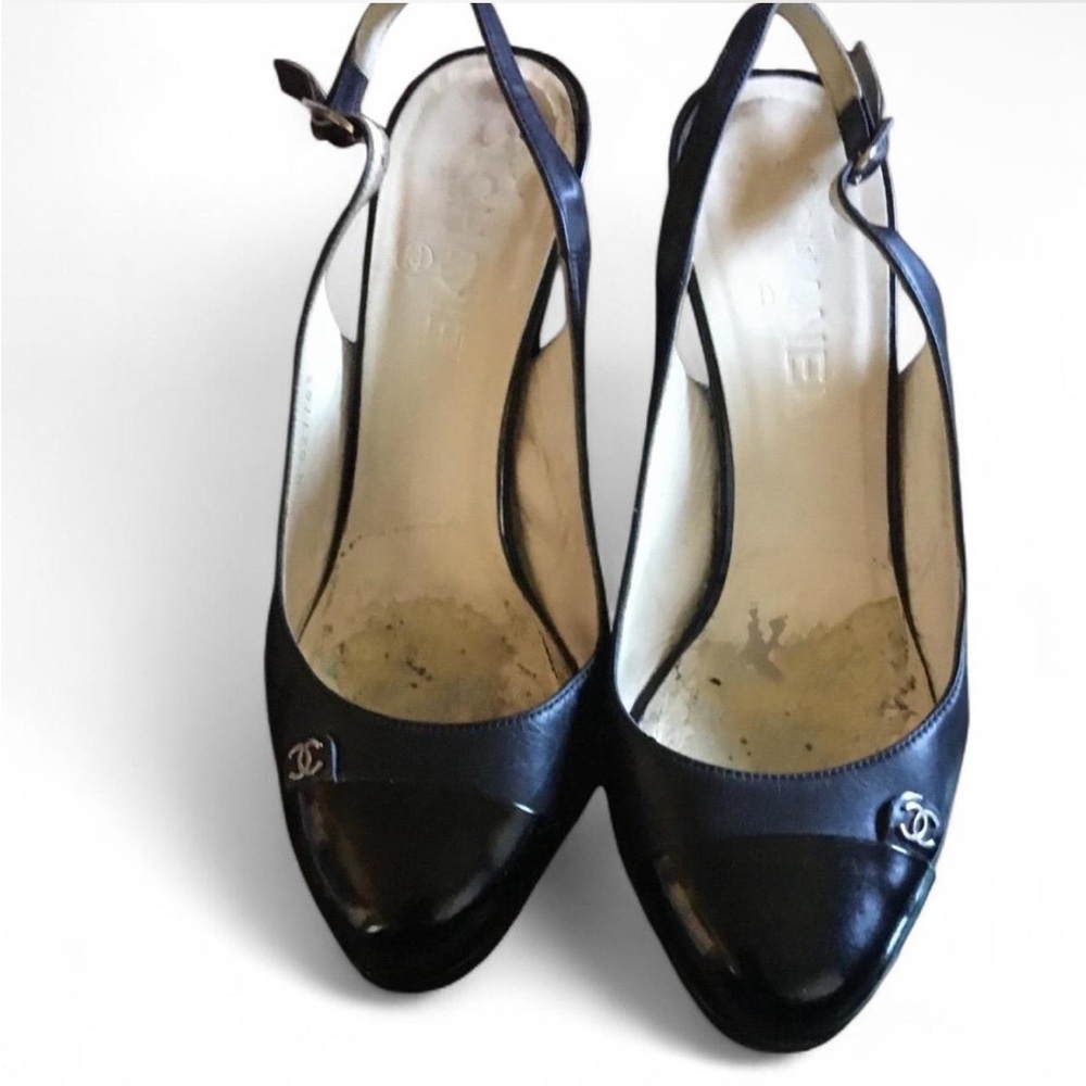 Vintage Chanel Slingback Pumps Black Leather CC Logo - Picture 4 of 8